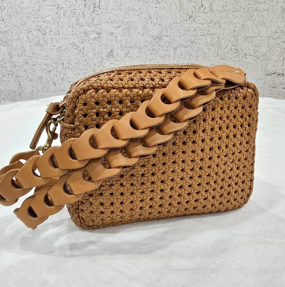 Clare V. Woven Leather Wristlet in Cognac Brown